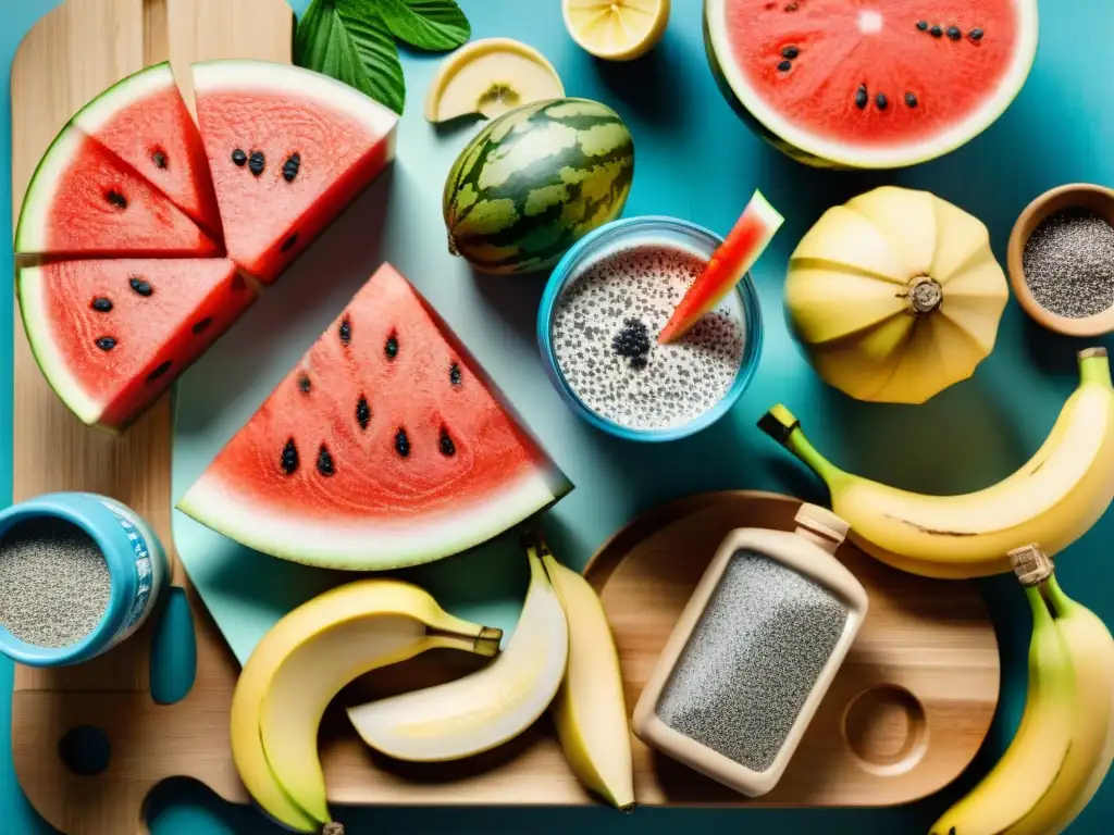 Bodegón energético de snacks con electrolitos para atletas Una abundante selección de snacks saludables con electrolitos, vibrantes y frescos, listos para disfrutar