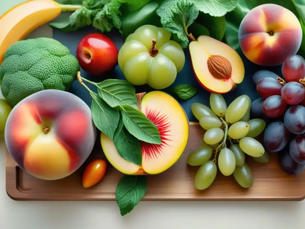 Deliciosa variedad de frutas y vegetales en acuarela Una abundante variedad de frutas y verduras frescas en una tabla de cortar de madera, ideal para snacks saludables opciones recomendadas