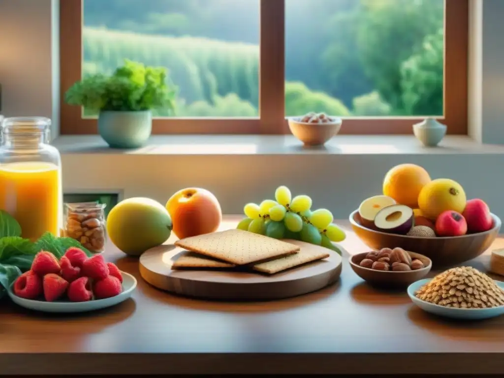 Bodegón de snacks saludables en cocina soleada Un acogedor ambiente de cocina con snacks saludables que combaten la ansiedad alimentaria, lleno de colores vibrantes y luz solar