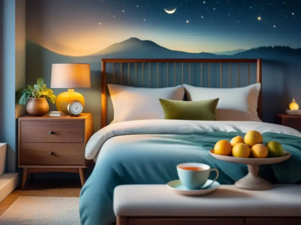 Acogedor dormitorio nocturno: pintura en acuarela serena para relajarse Un acogedor cuadro de una habitación nocturna con snacks saludables, creando tranquilidad para noches de insomnio