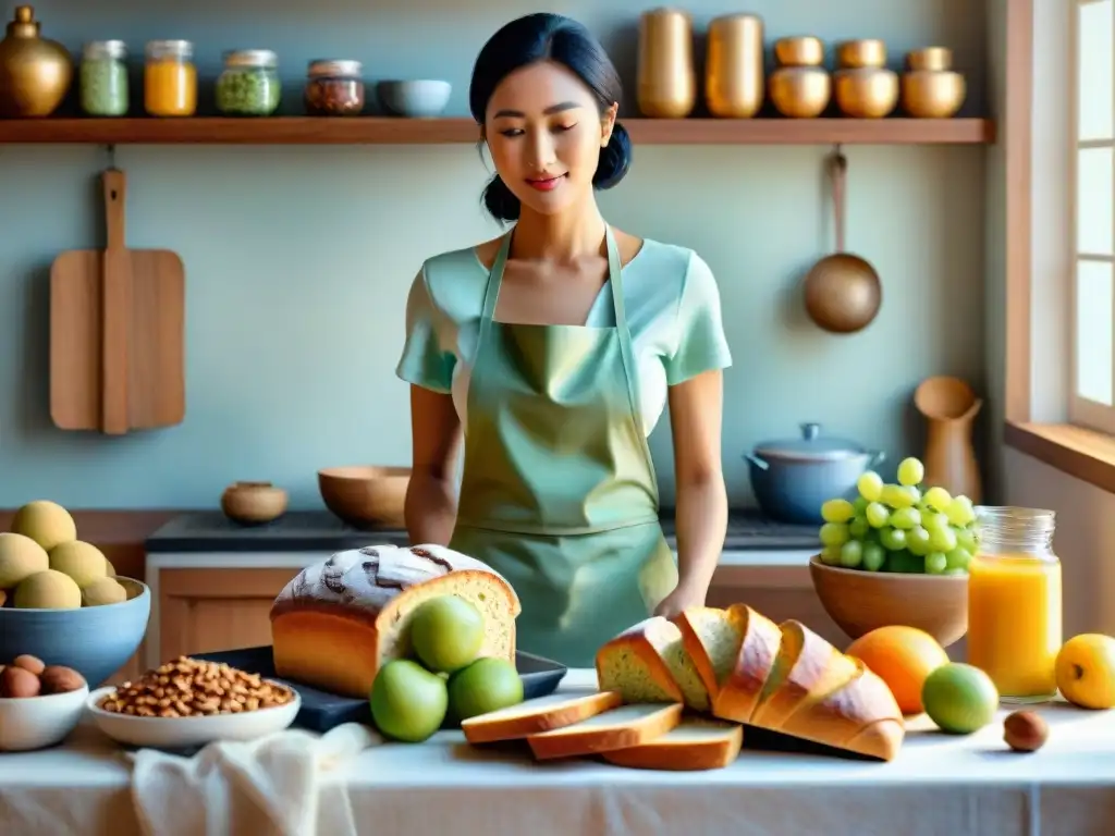 Panificadora moderna rodeada de pan y frutas frescas en escena de cocina animada Un acogedor escenario de cocina con una moderna panificadora rodeada de pan recién horneado, ingredientes saludables y frutas vibrantes