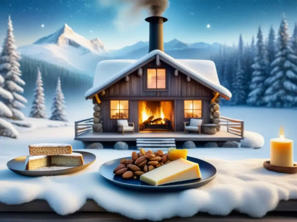 Acogedora cabaña canadiense en la nieve con snacks saludables Acogedora cabaña canadiense en la nieve con snacks saludables Canadienses nutrición bajo un cielo estrellado