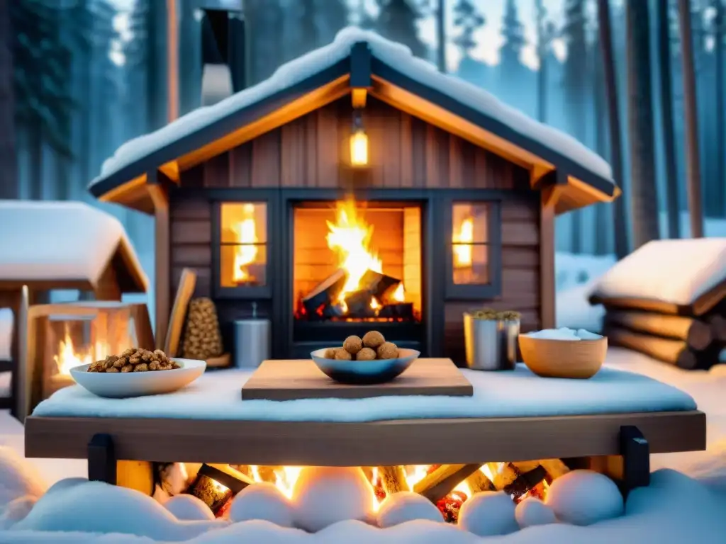 Cabaña canadiense acogedora en bosque nevado con delicias saludables Acogedora cabaña canadiense en la nieve con snacks saludables Canadienses nutrición