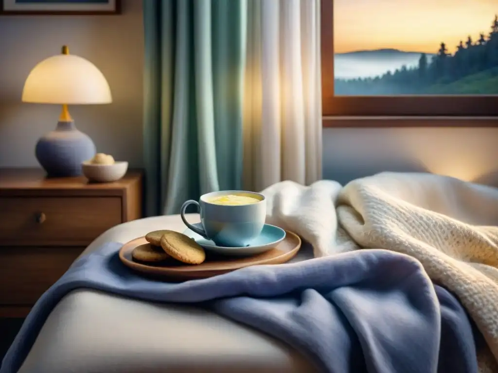 Acogedora ilustración de dormitorio nocturno con té de manzanilla y galletas de lavanda Acogedora ilustración de una habitación nocturna con snacks saludables para noches de insomnio