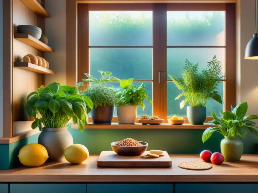 Acuarela de cocina serena con jardín de hierbas y snacks saludables Acuarela de cocina serena con snacks saludables para combatir ansiedad alimentaria