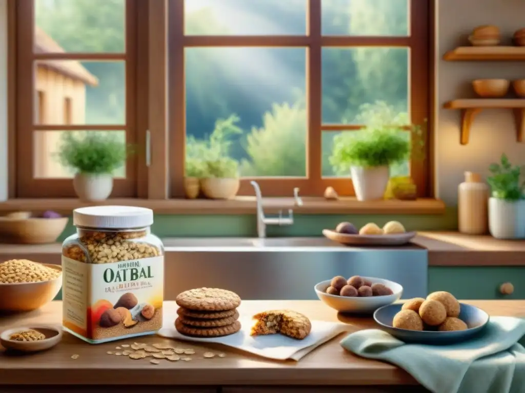 Bodegón de cocina rústica con aperitivos de avena saludables Una acuarela detallada de una cocina rústica con snacks saludables de avena, iluminados por el sol