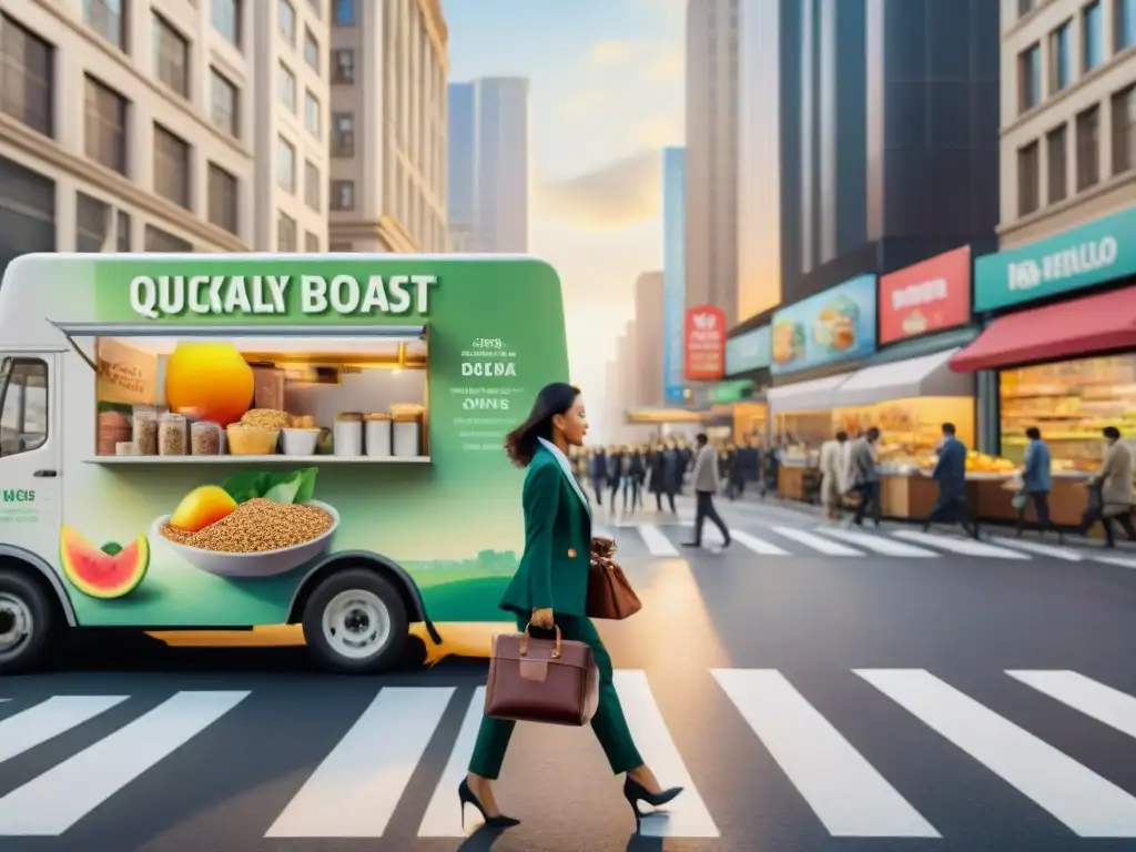 Vibrante escena urbana al amanecer: profesionales en movimiento Una acuarela detallada de una concurrida calle de la ciudad al amanecer, destacando desayunos saludables para gente ocupada