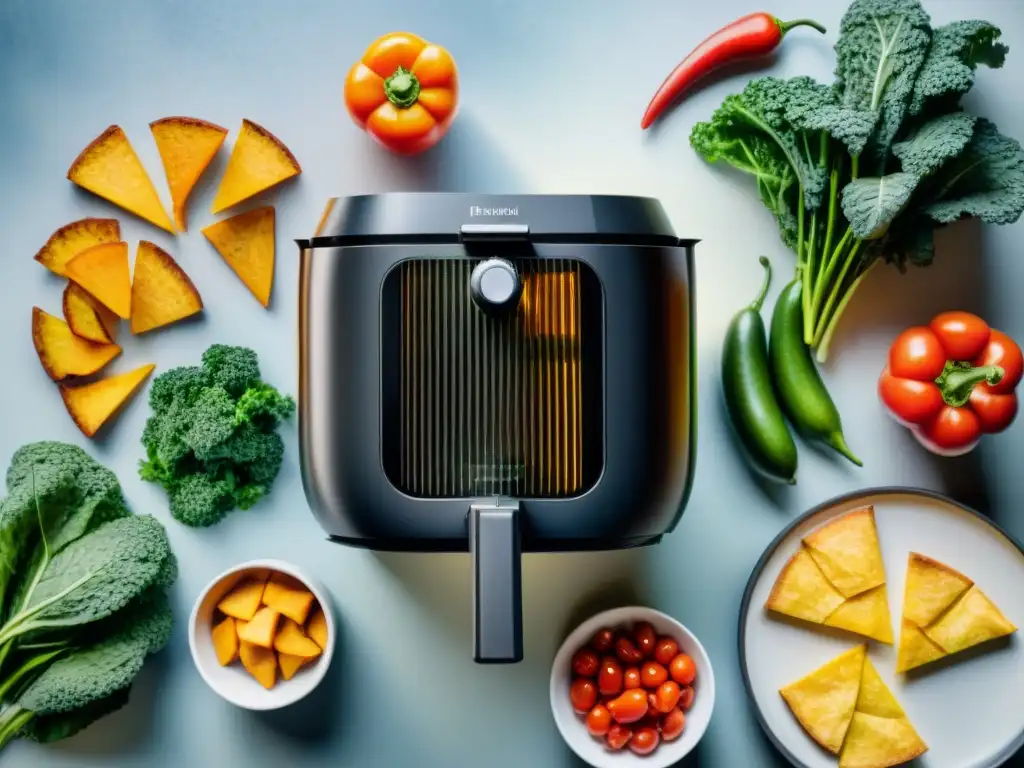 Arte culinario: cocina moderna con snacks saludables y air fryer Una acuarela detallada de una encimera de cocina moderna con ingredientes frescos y vibrantes para snacks saludables con freidoras de aire