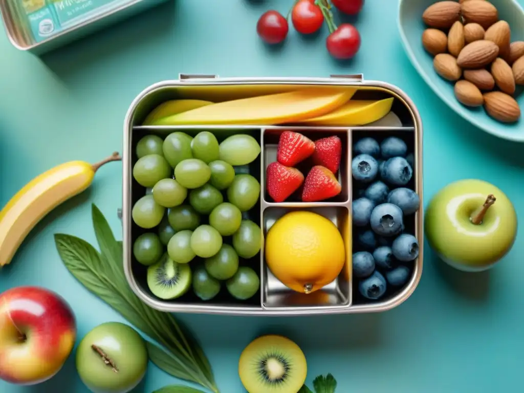 Bento box ecofriendly con snacks saludables en acuarela Una acuarela detallada de una fiambrera de acero inoxidable con snacks saludables en un entorno natural