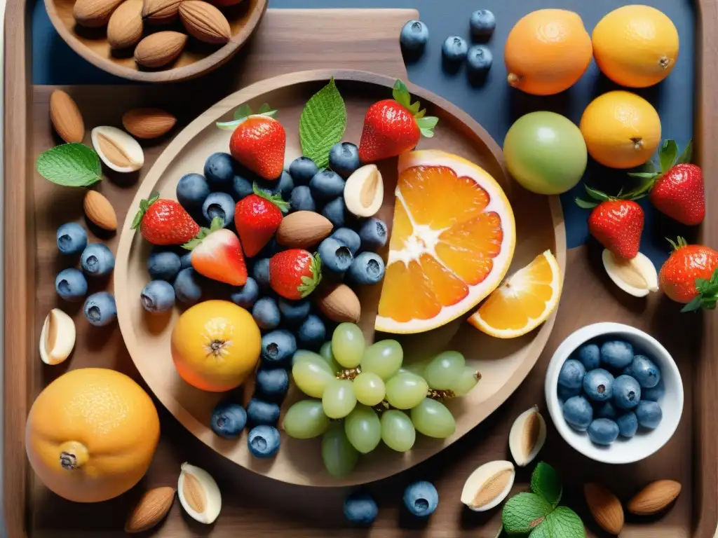 Bodegón de frutas y frutos secos: frescura y vitalidad Una acuarela detallada de frutas y frutos secos frescos en una tabla