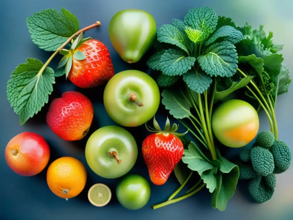 Arte acuarela de frutas y verduras vibrantes Una acuarela detallada de frutas y verduras vibrantes, como fresas, naranjas, manzanas verdes y kale, evocando energía y vitalidad