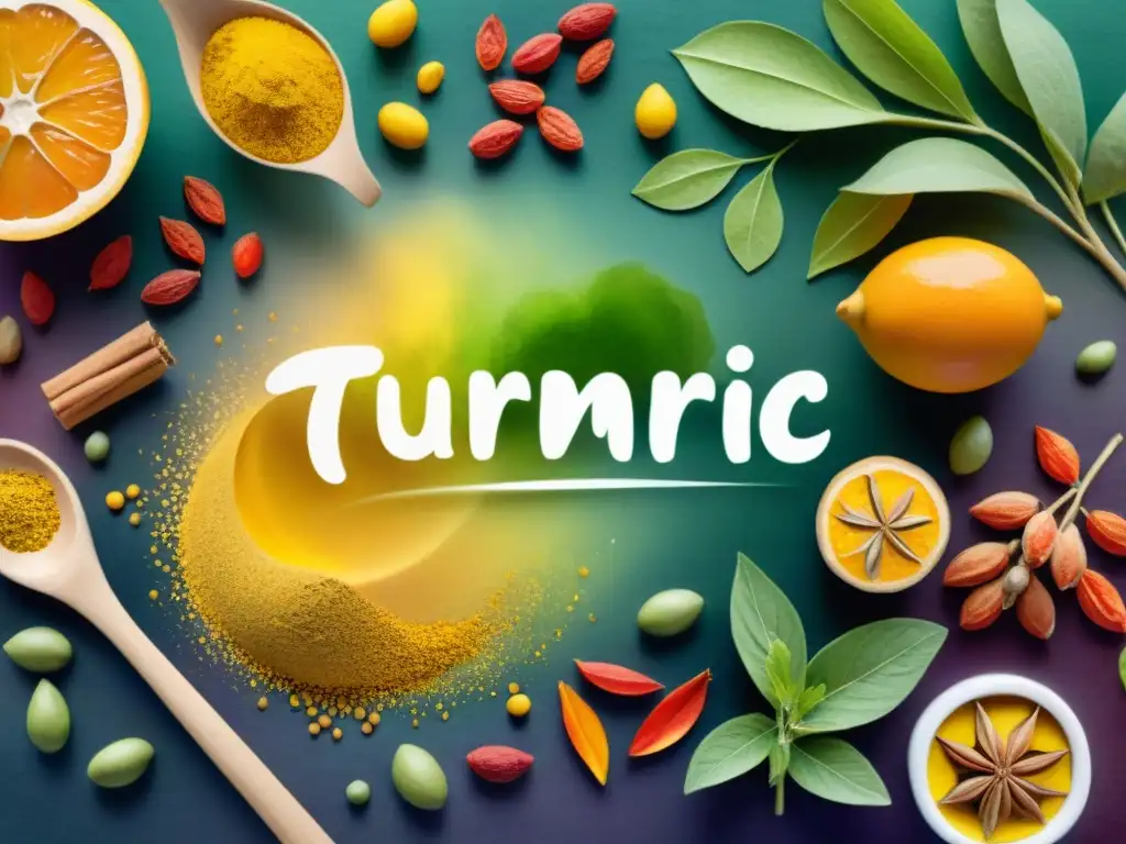 Ilustración acuarela de ingredientes adaptógenos vibrantes y saludables Una acuarela detallada de ingredientes adaptógenos vibrantes y coloridos para snacks saludables con adaptógenos