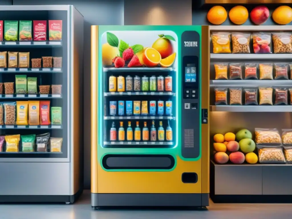 Vending machine futurista con snacks saludables y AI Una acuarela detallada de una máquina expendedora futurista con snacks saludables, integrando inteligencia artificial en la vida cotidiana