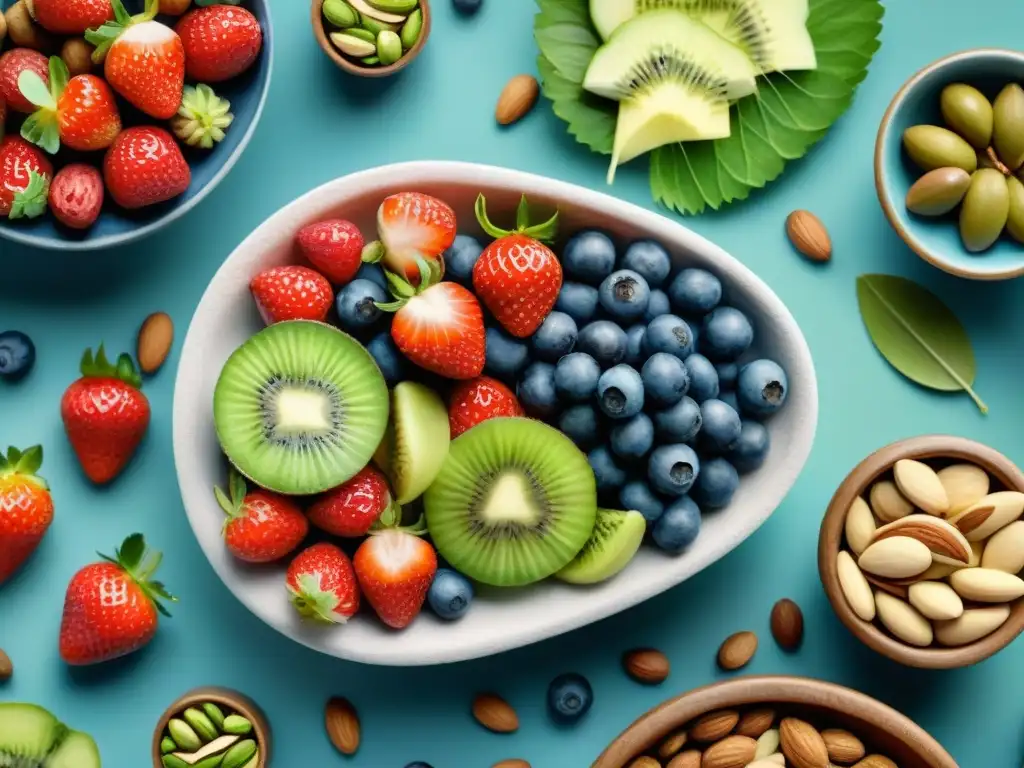 Bodegón de snacks saludables: frutas frescas y frutos secos vibrantes Una acuarela detallada de snacks saludables para antojos: frutas frescas y nueces variadas, apetitosas y coloridas