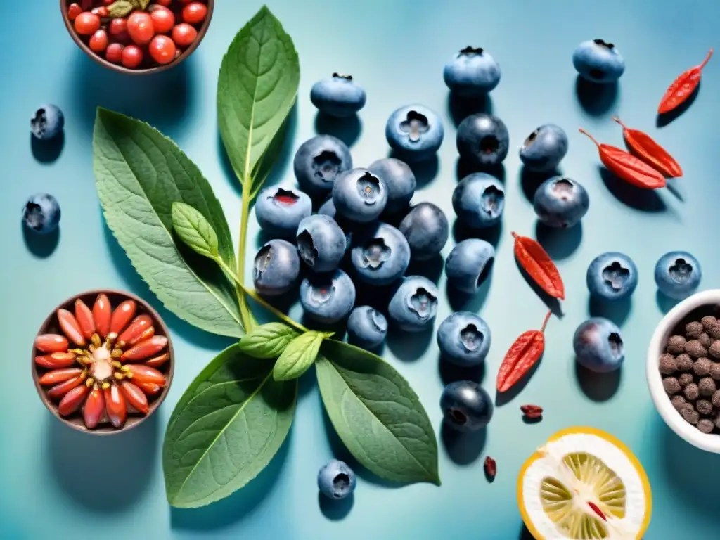 Superfoods antioxidantes en acuarela: frescura y vitalidad Una acuarela detallada de snacks saludables con superalimentos antioxidantes como arándanos, espinacas, bayas de goji, semillas de chía y chocolate negro