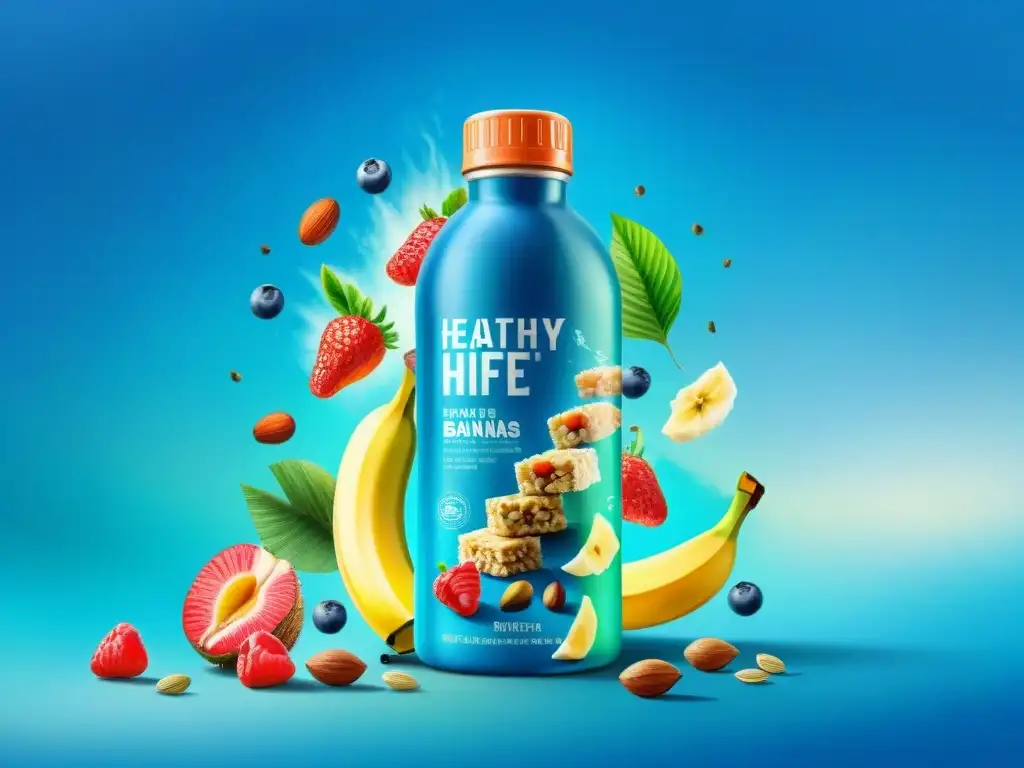 Deliciosos snacks saludables para atletas en acuarela detallada Acuarela detallada de snacks saludables para deportistas: barras energéticas, frutas, frutos secos, semillas y agua de coco en botella deportiva