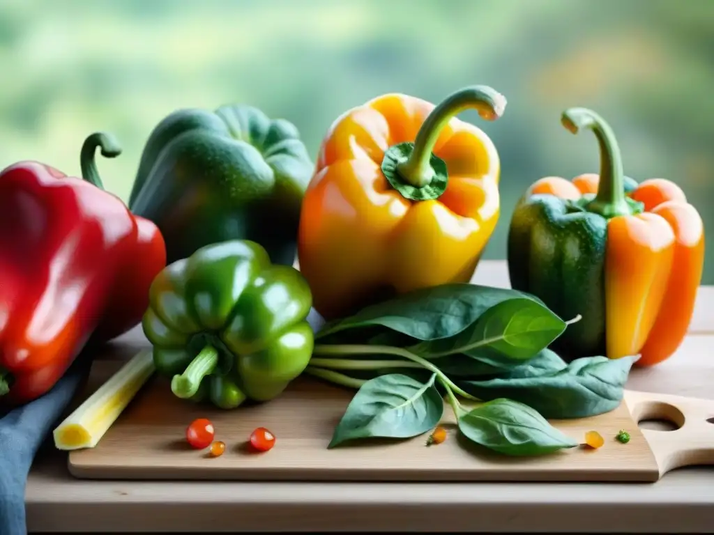 Deliciosas verduras en acuarela: Detalles vibrantes y frescura Una acuarela detallada de verduras coloridas como pimientos, zucchinis, zanahorias y espinacas en una tabla de cortar de madera