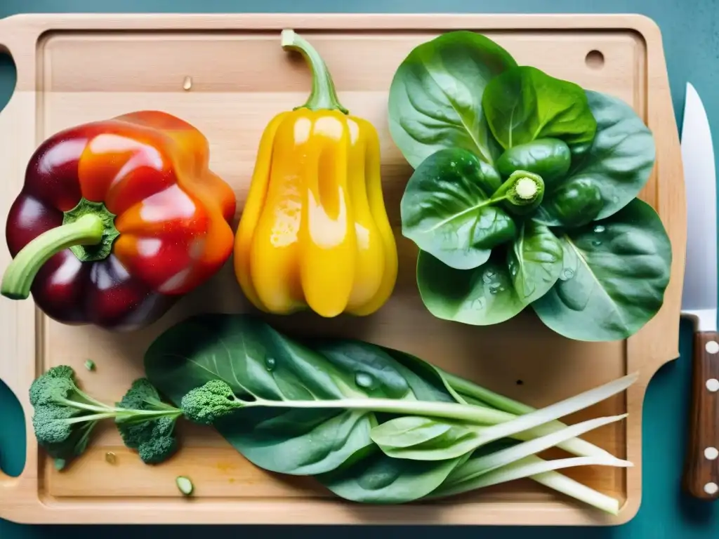 Deliciosa variedad de verduras frescas en acuarela Una acuarela detallada de vibrantes verduras como pimientos, calabacines, zanahorias y espinacas sobre tabla de cortar, con gotas de agua brillantes