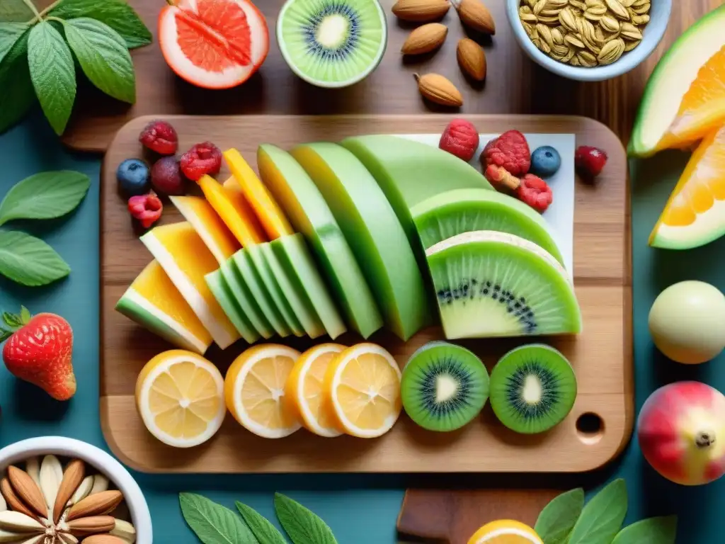 Bodegón saludable: snacks energéticos y coloridos Acuarela de snacks saludables para deportistas: frutas, frutos secos, semillas y barras energéticas en tabla de madera con hojas verdes