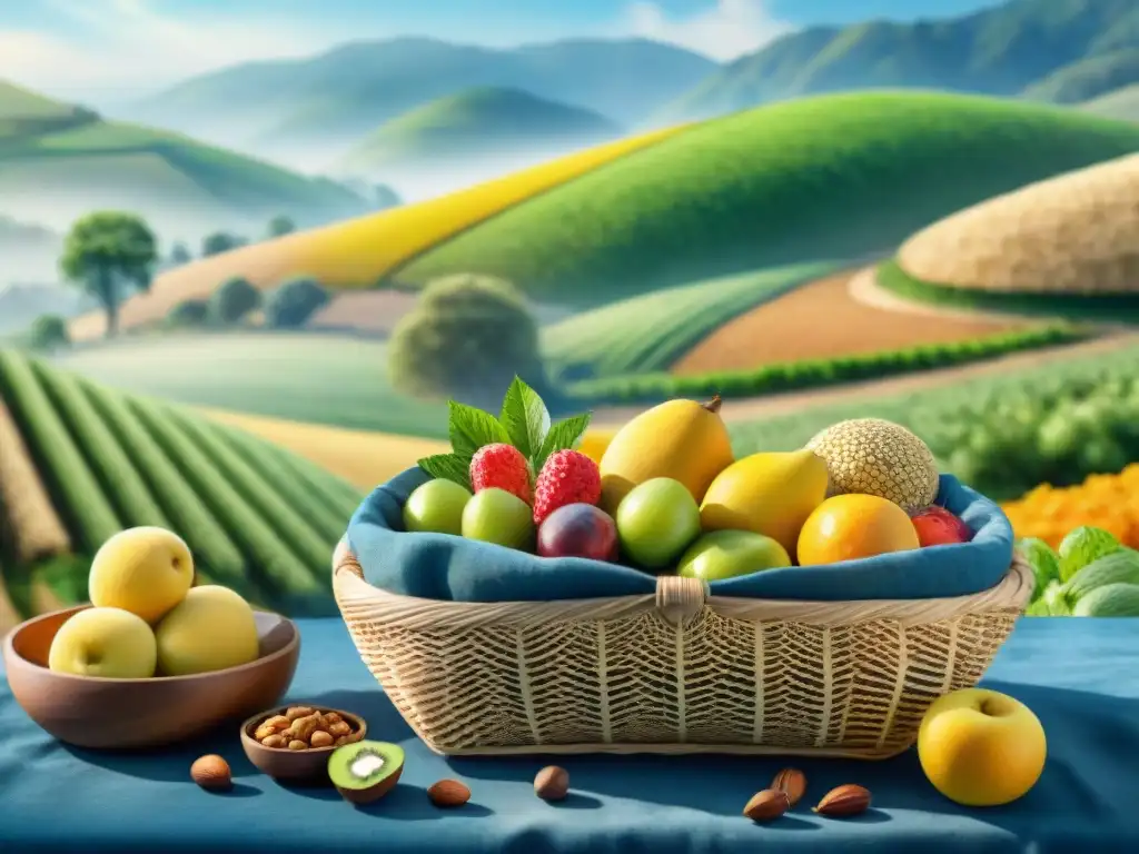Frescura regenerativa: cestas rebosantes de snacks saludables Una ilustración en acuarela vibrante de ingredientes de snacks saludables provenientes de la agricultura regenerativa