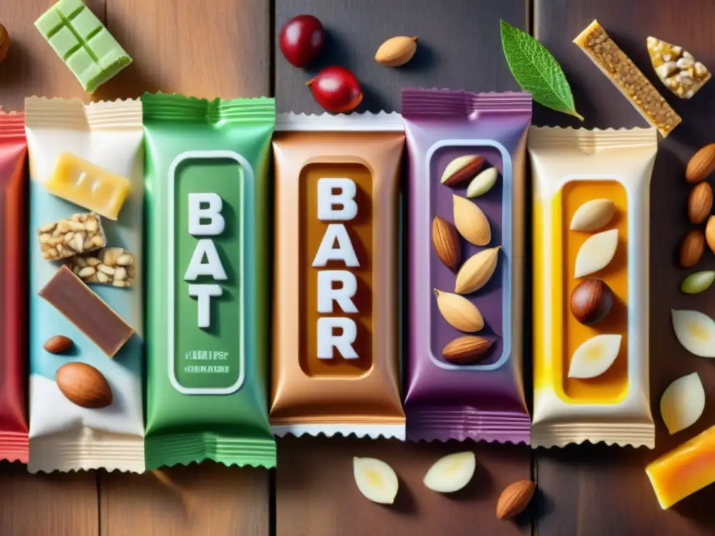 Deliciosas barras nutricionales detalladas en acuarela Una ilustración acuarelada detallada de barras nutricionales coloridas y apetitosas en una mesa de madera
