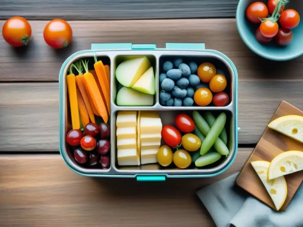 Deliciosa variedad de snacks saludables en lunchbox de acero inoxidable Un almuerzo saludable con fiambreras llenas de snacks frescos y coloridos en una mesa de madera