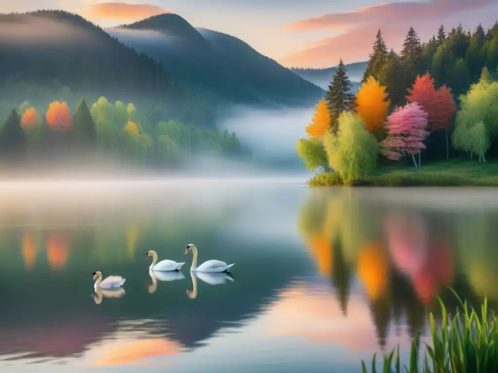 Un amanecer sereno en un lago, con colores vibrantes y una familia de cisnes