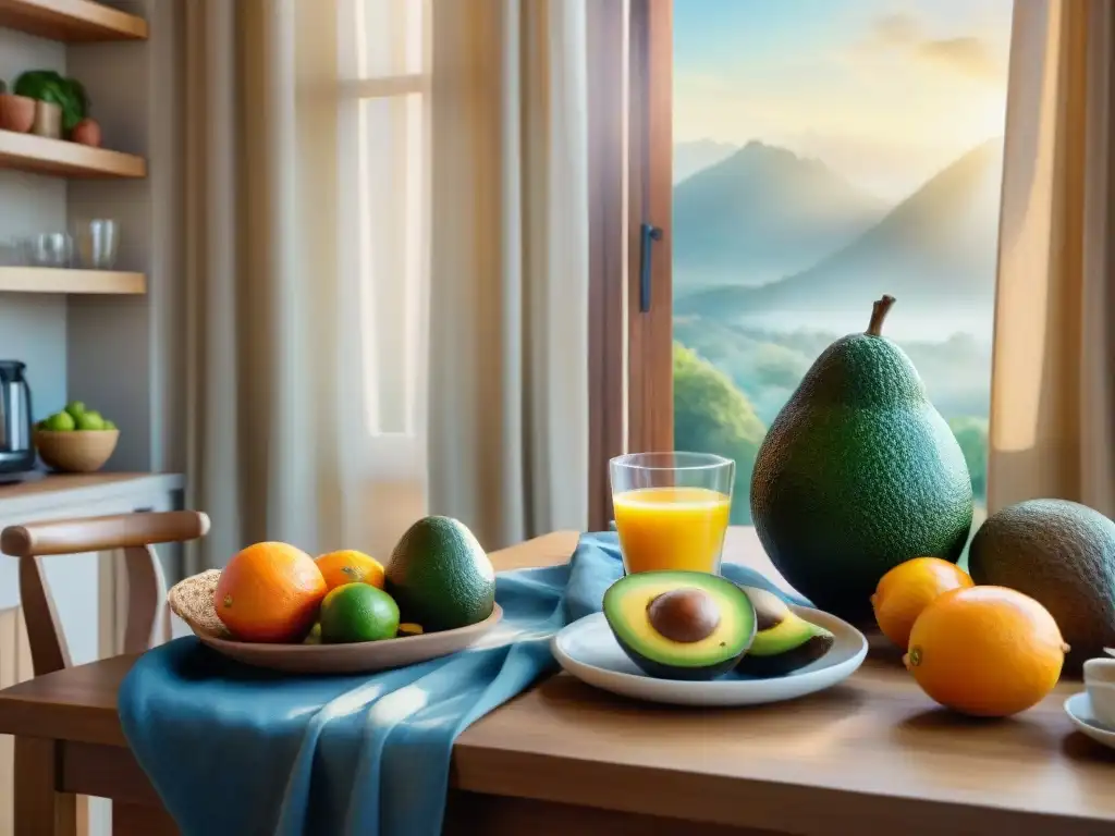 Pintura detallada de una cocina serena al amanecer con desayuno elegante Un amanecer tranquilo en una cocina con desayunos saludables para gente ocupada