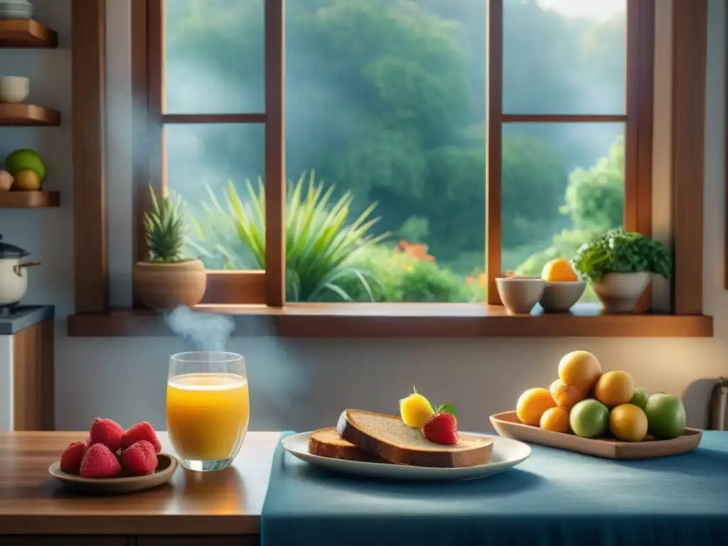 Escena tranquila de cocina al amanecer: desayuno nutritivo y serenidad Un amanecer tranquilo en la cocina con desayunos saludables para gente ocupada