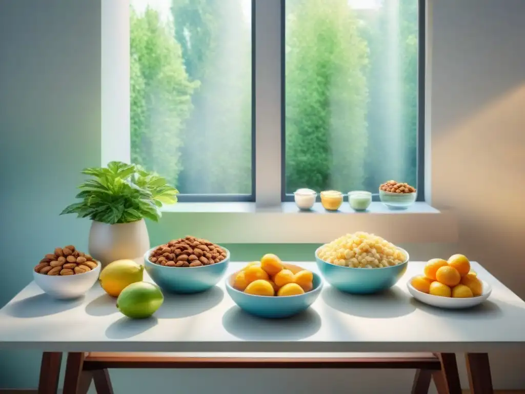 Oficina tranquila: tentempiés saludables en acuarela Un ambiente de trabajo tranquilo y productivo con snacks saludables para mejorar concentración, iluminado por la luz del sol