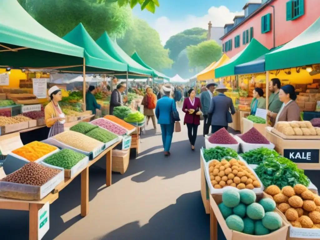 Una animada escena de mercado con snacks saludables innovadores y deliciosos