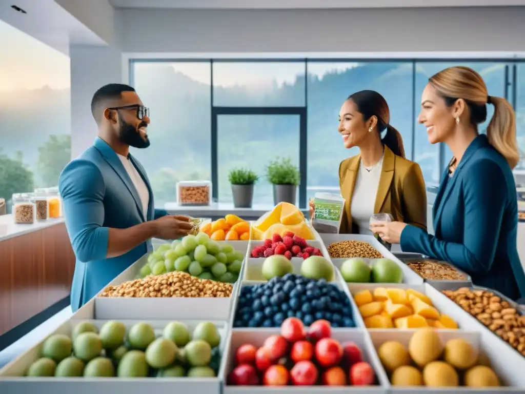 Oficina saludable: merienda colorida y diversa Un animado espacio de cocina de oficina con snacks saludables trabajo energía sostenida