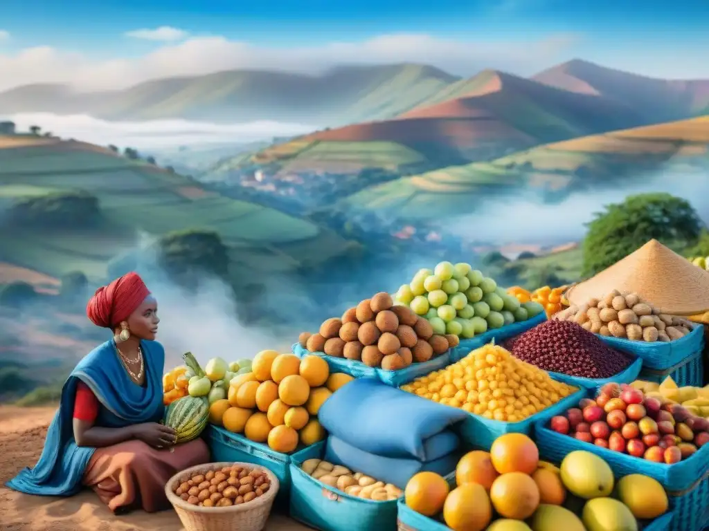 Mercado africano vibrante con snacks saludables Un animado mercado africano con puestos coloridos vendiendo snacks saludables