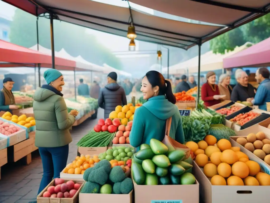 Mercado orgánico: compras saludables y certificadas Un animado mercado de agricultores con certificaciones, repleto de productos frescos y vendedores informando sobre normativas