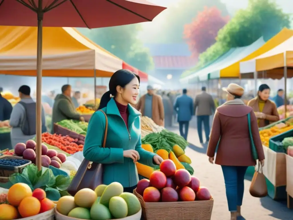 Mercado agrícola vibrante: frutas y verduras frescas Un animado mercado de agricultores con estrategias de marketing para snacks saludables, frutas y verduras coloridas