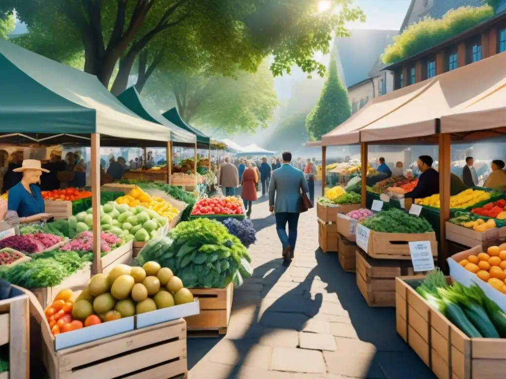 Un animado mercado de agricultores con frutas y verduras frescas