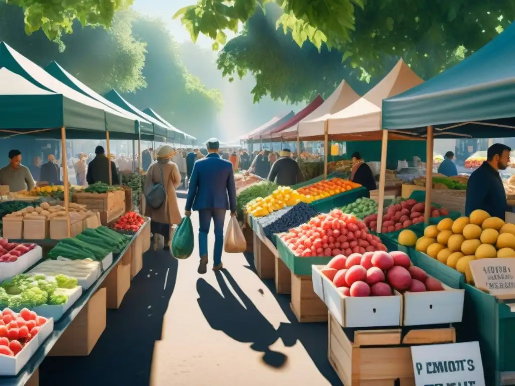 Mercado agrícola colorido y vibrante: ilustración detallada en acuarela Un animado mercado de agricultores con opciones de snacks saludables variadas y recomendadas