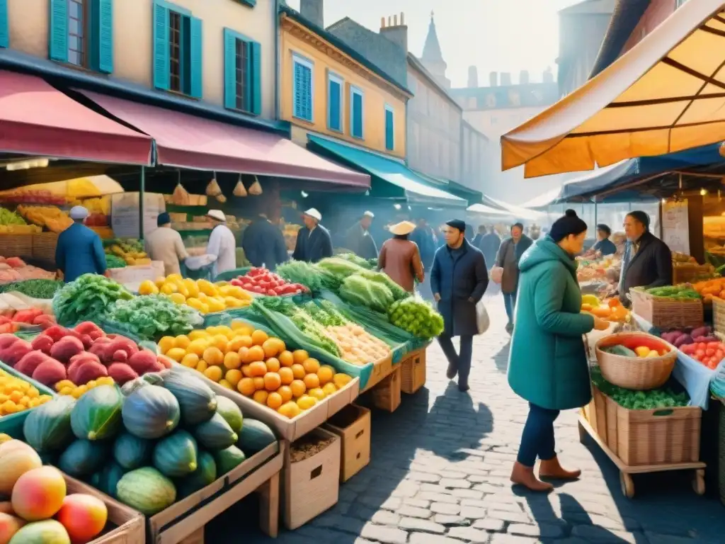 Pintura acuarela de un mercado agrícola vibrante y colorido Un animado mercado de agricultores con puestos coloridos repletos de frutas frescas y verduras