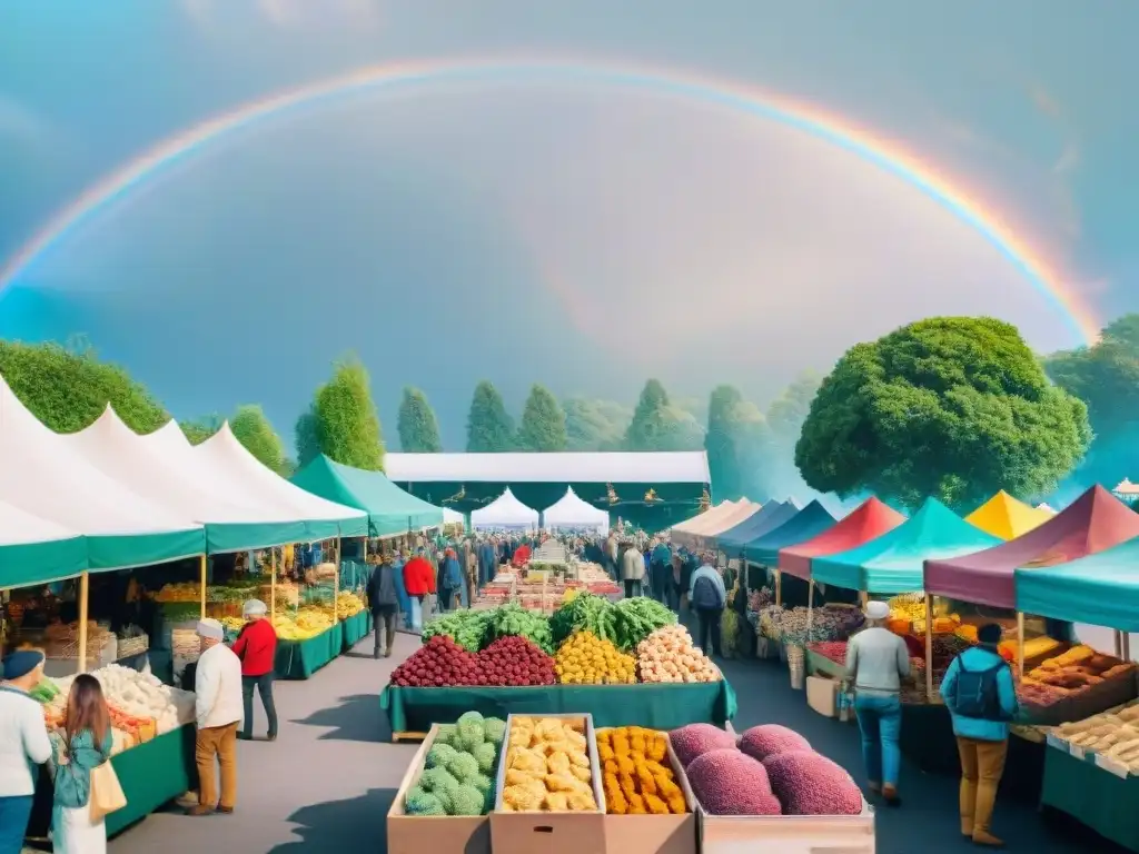 Mercado vegano lleno de vida: delicias saludables y coloridas Un animado mercado de agricultores con snacks veganos saludables innovadores y un arcoíris de fondo