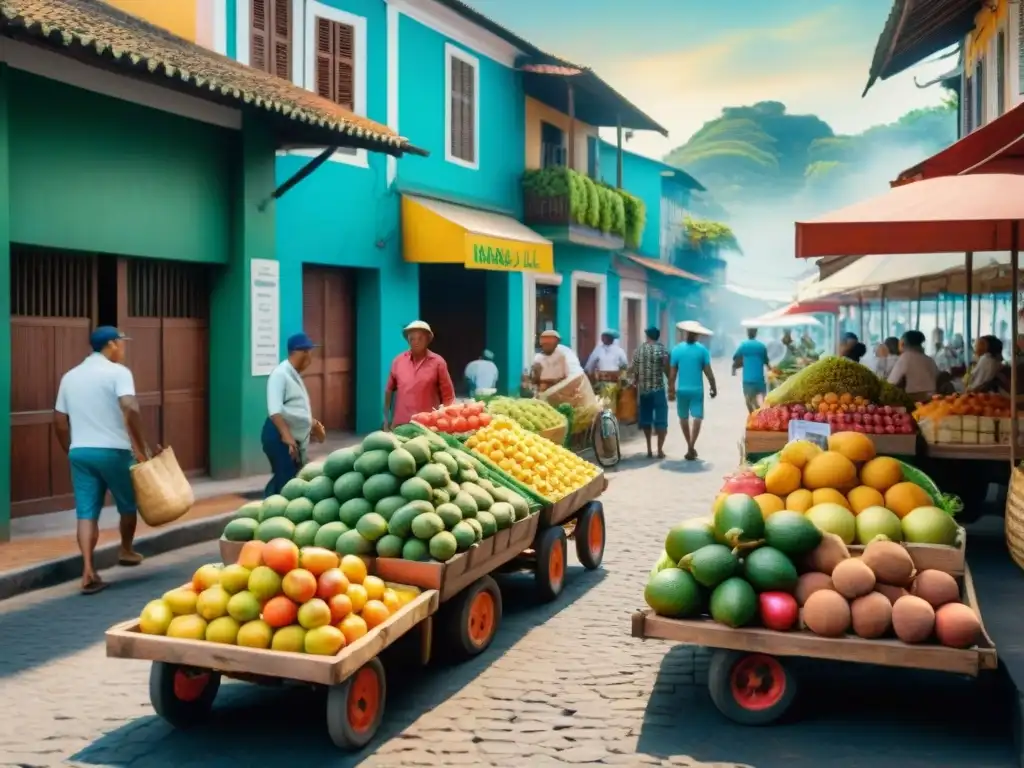 Mercado vibrante en Brasil: ilustración acuarela detallada Un animado mercado brasileño con frutas y nueces coloridas en mesas de madera