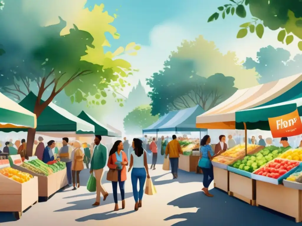 Mercado sostenible: diversidad y alegría en eco snacks Un animado mercado ecológico con variedad de snacks saludables en envases ecofriendly