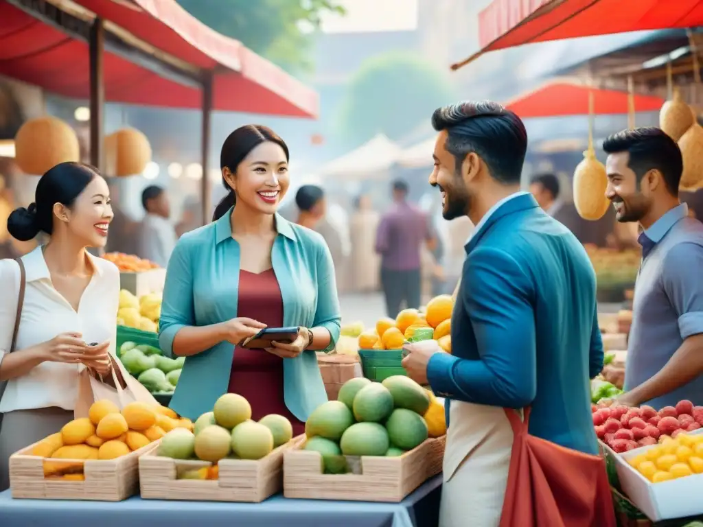 Emprendedores diversificados en mercado de snacks saludables Un animado mercado con emprendedores debatiendo, rodeados de coloridos puestos de snacks saludables