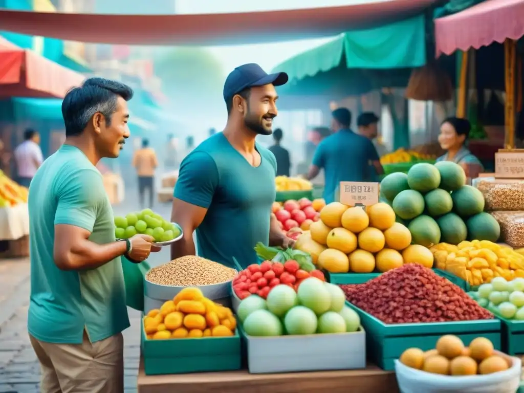 Mercado internacional vibrante con snacks saludables Un animado mercado internacional con snacks saludables como frutas frescas, frutos secos y barras de granola orgánica