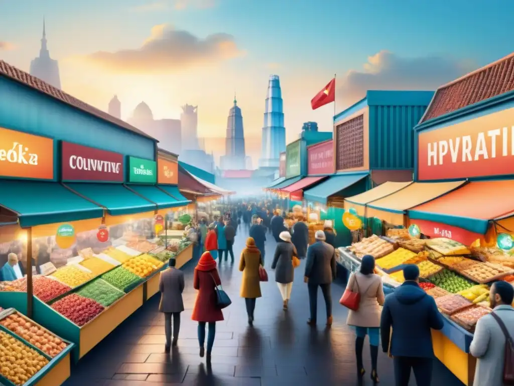 Mercado vibrante: snacks saludables y coloridas interacciones Un animado mercado con puestos de snacks saludables innovadores, clientes variados y ambiente emprendedor