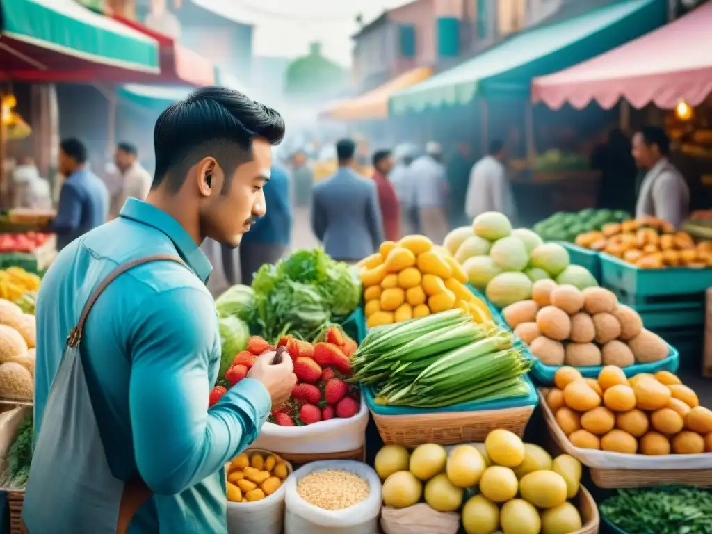 Mercado vibrante: escena acuarela de emprendedores y snacks saludables Un animado mercado de snacks saludables donde emprendedores intercambian productos frescos y comparten ideas de negocios
