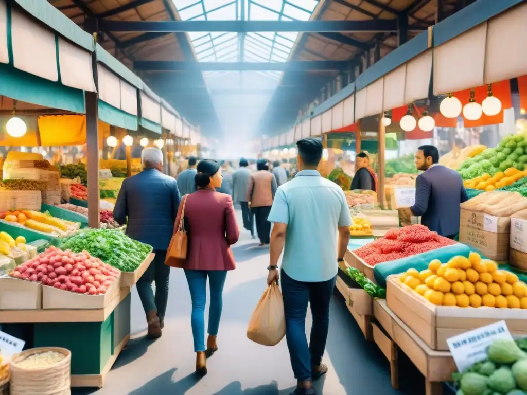 Mercado saludable: Certificaciones y diversidad en snacks Un animado mercado con vendedores mostrando certificaciones de snacks saludables normativas, clientes variados examinan productos con interés