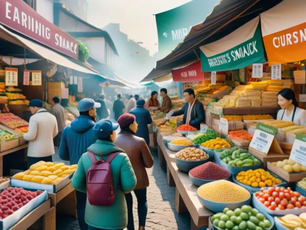 Mercado saludable: certificaciones y regulaciones en snacks Un animado mercado con vendedores vendiendo snacks saludables certificados y cumpliendo normativas