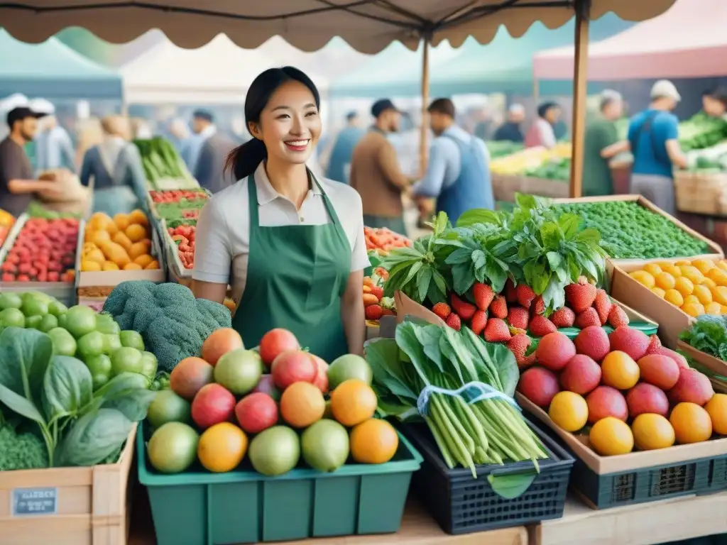 Un animado puesto de mercado rebosante de frutas y verduras frescas, con clientes felices seleccionando y comprando snacks saludables