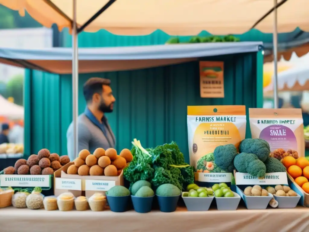Mercado vegano: snacks innovadores en acuarela Un animado puesto de mercado rebosante de innovadores y saludables snacks veganos
