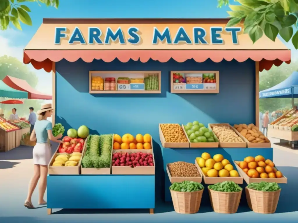 Mercado de alimentos saludables: ilustración detallada en acuarela Un animado puesto de mercado vendiendo snacks saludables, estrategias marketing snacks saludables con frutas frescas, nueces y barras de granola